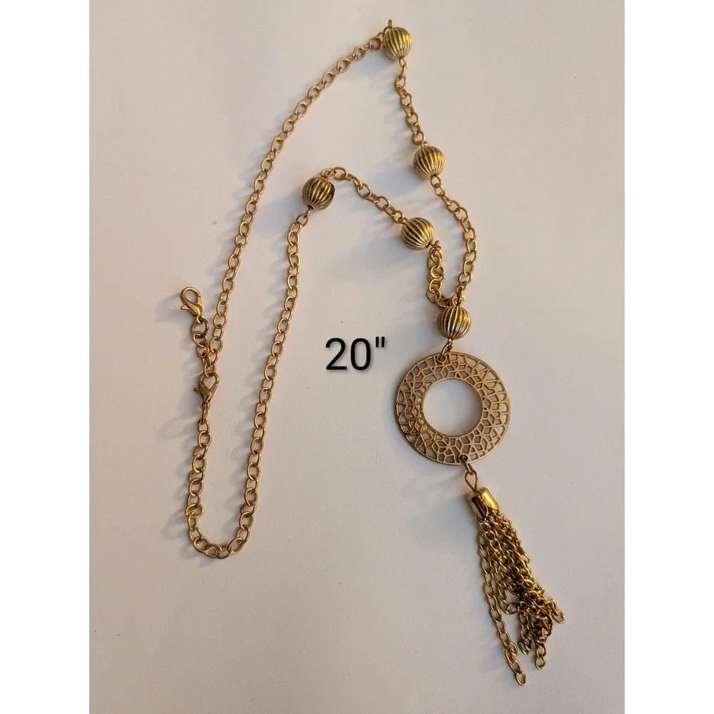 Gold Tone Long Pendant Necklace Filigree Circle Tassel Ribbed Beads Boho 20 Inch
